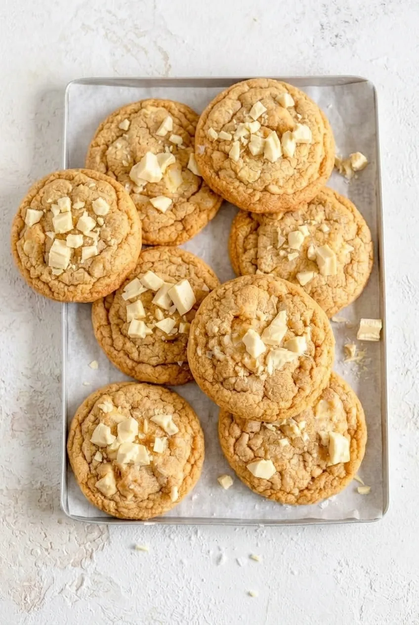 Full baking sheet of pale golden white chocolate chip cookies on a neutral countertop