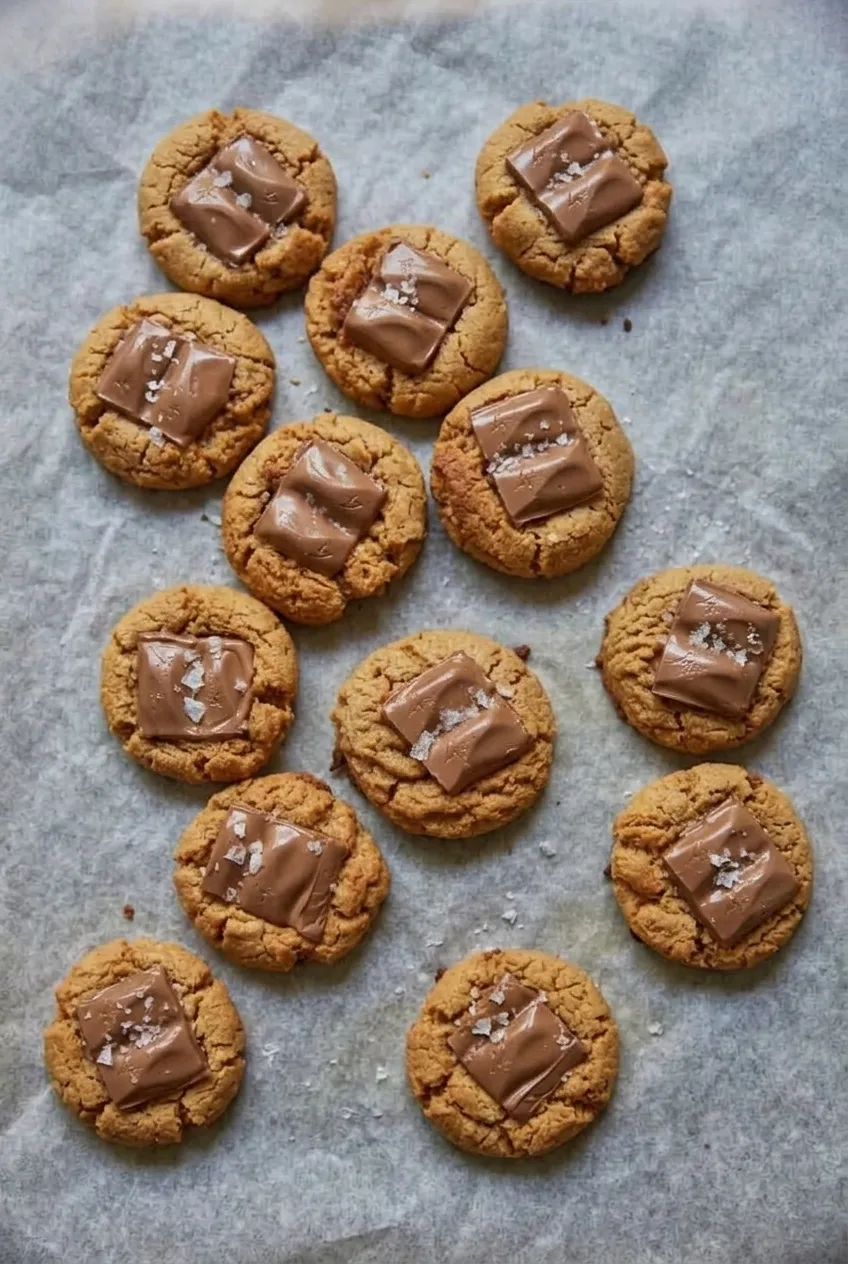 Wider view of golden peanut butter cookies with chocolate squares loosely arranged on parchment