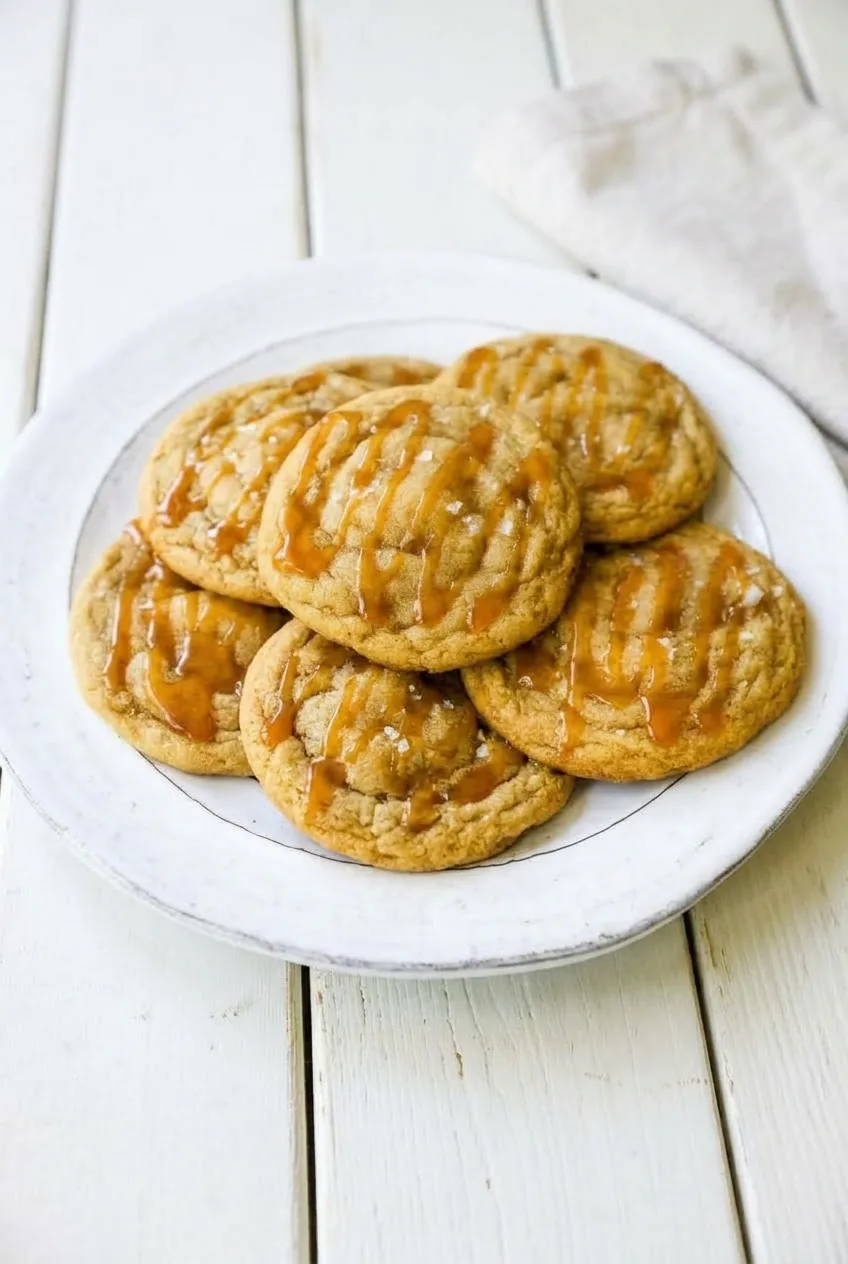 Full plate of overlapping salted caramel cookies on a pale painted wood table