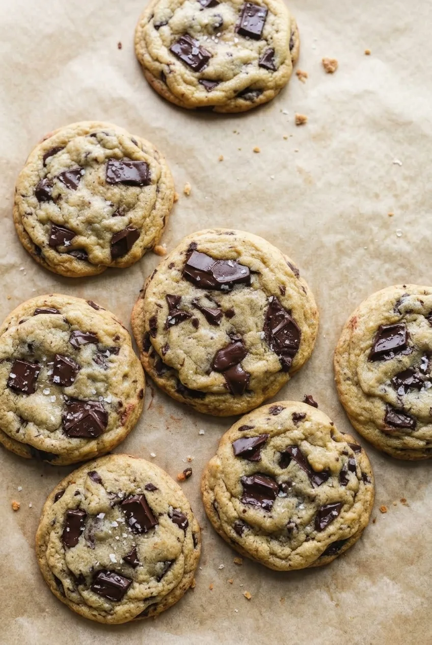 Several large chocolate chunk cookies arranged on parchment with space around the full group
