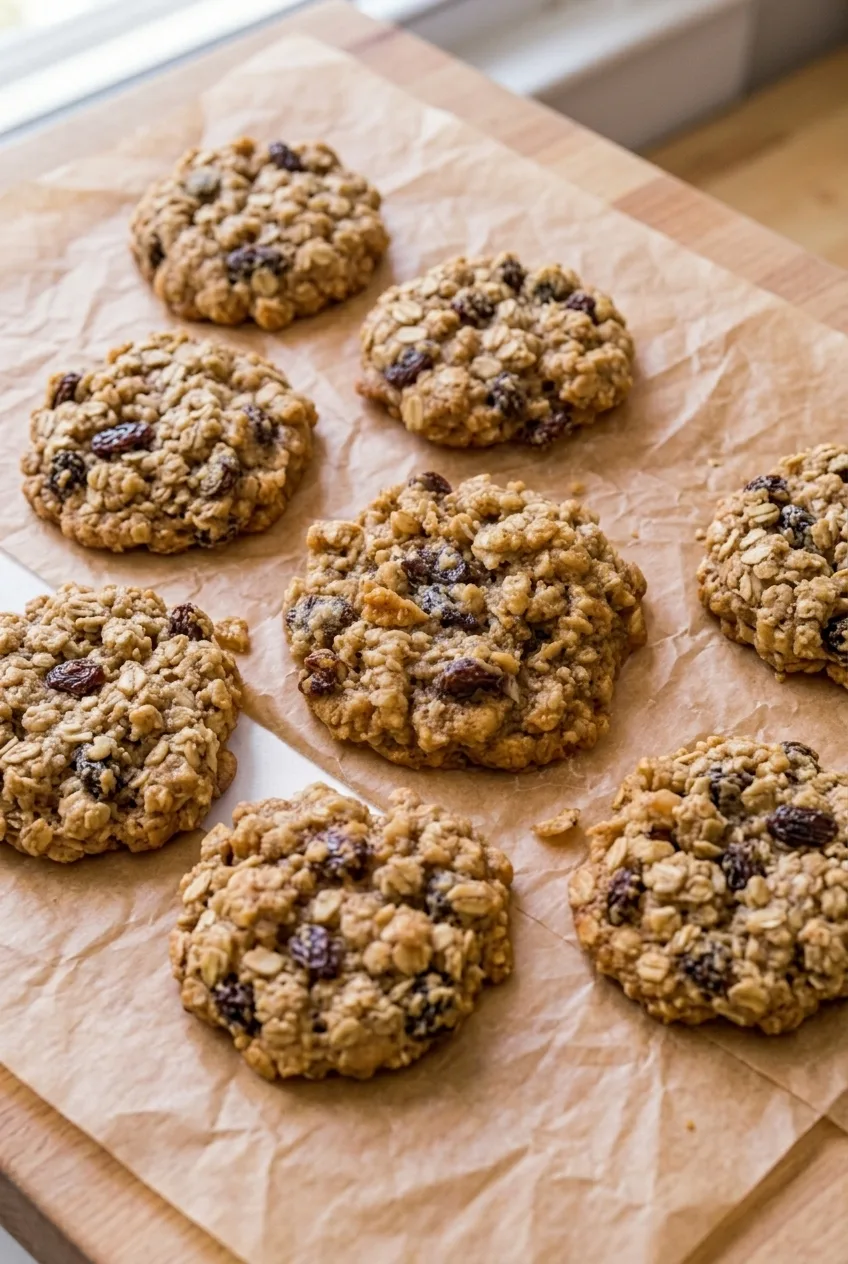 Wider view of oatmeal raisin cookies arranged on warm-toned parchment