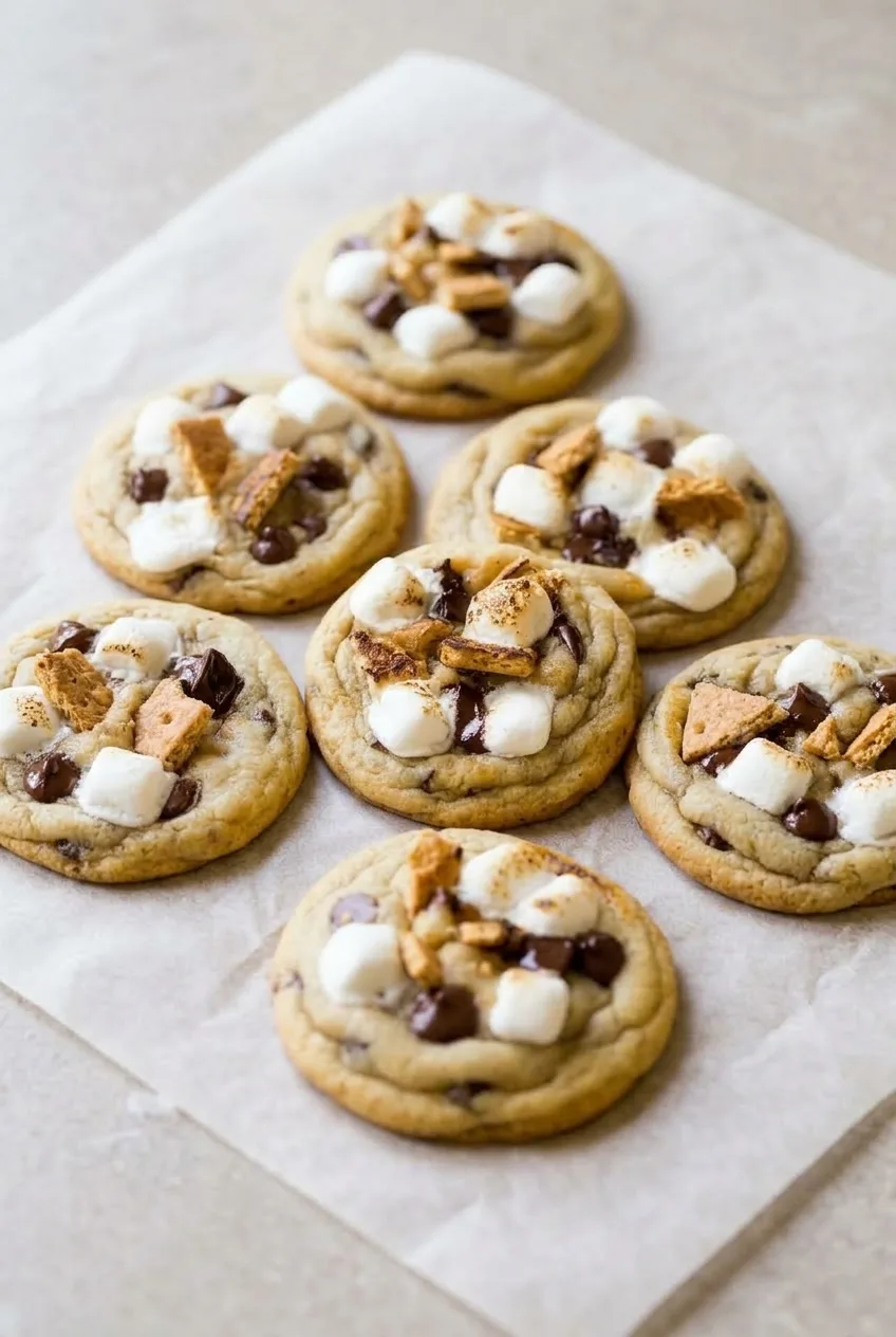 Wider view of a group of finished s’mores cookies on a light neutral surface