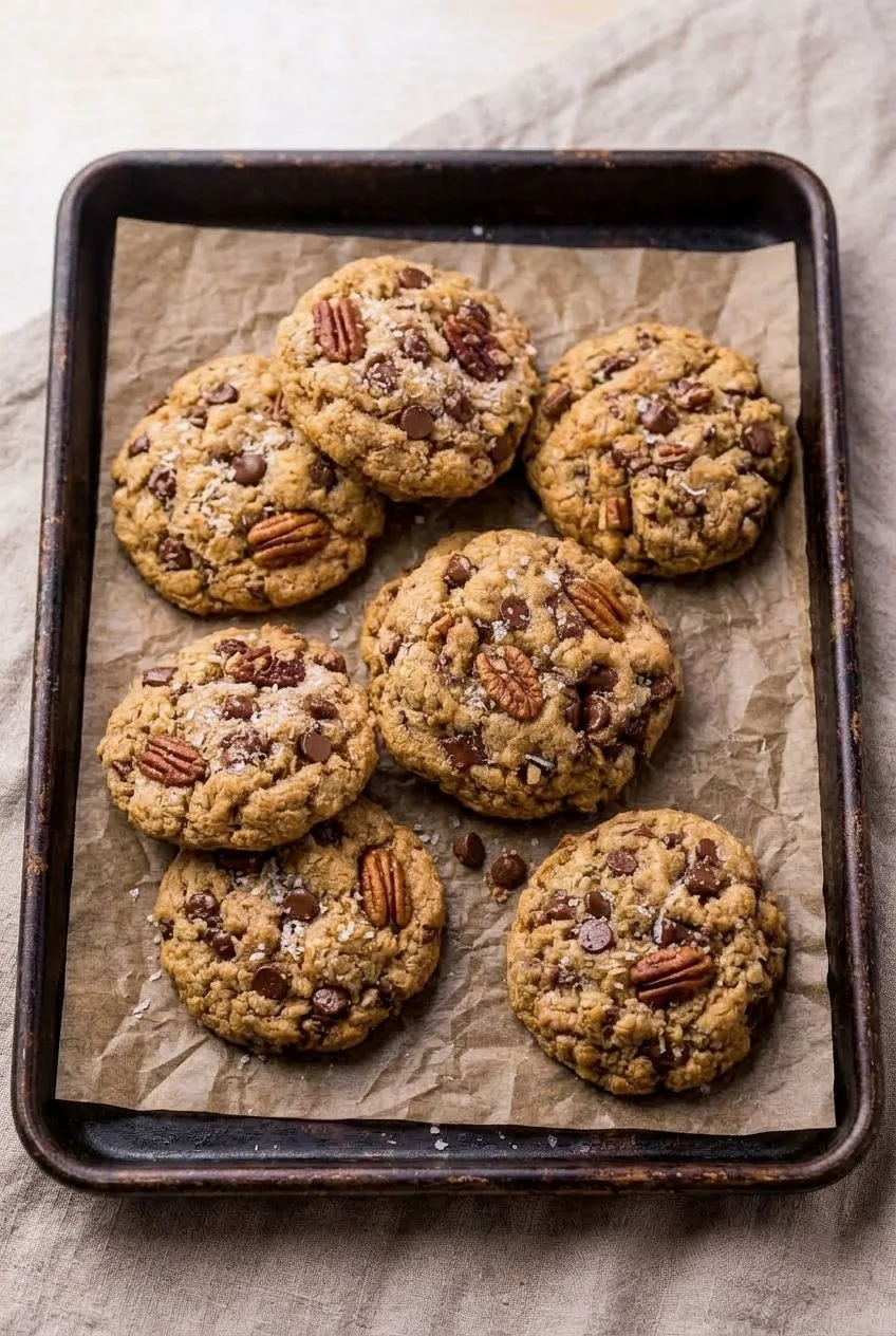 Wider view of thick cowboy cookies arranged on parchment in a dark baking sheet