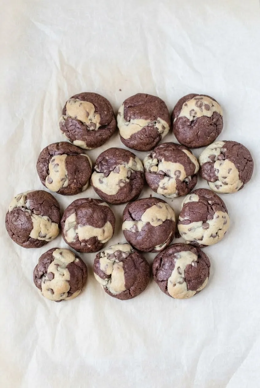 Wider view of a group of two-tone brookie cookies arranged on light parchment