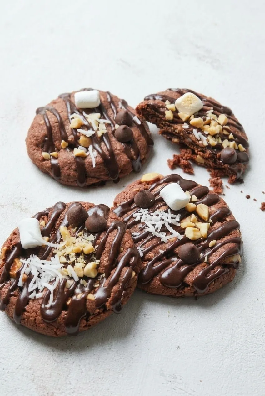 A loose group of finished Rocky Road Cookies on a pale surface, with one cookie broken