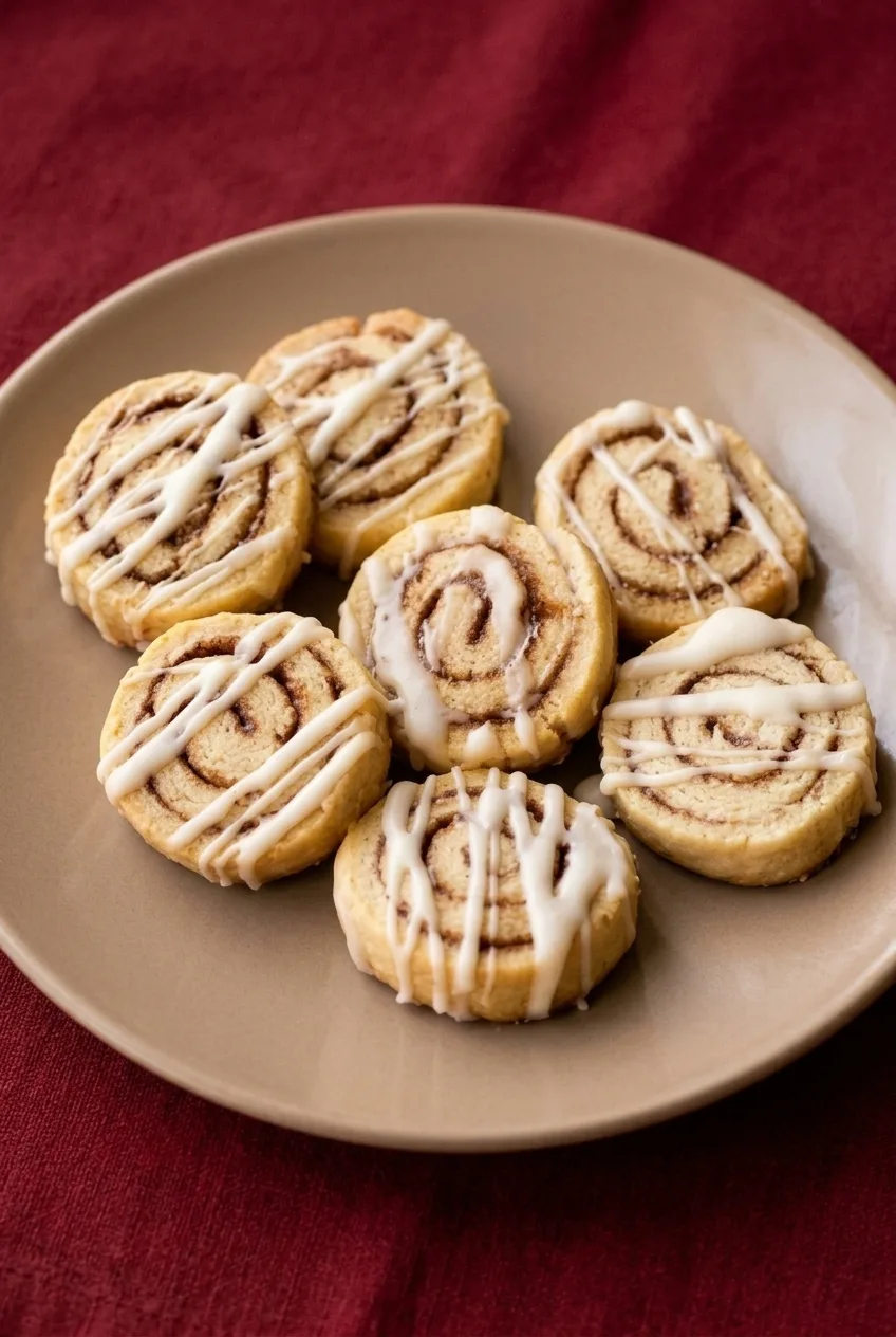 Full plate of glazed cinnamon roll cookies surrounded by a dark red surface
