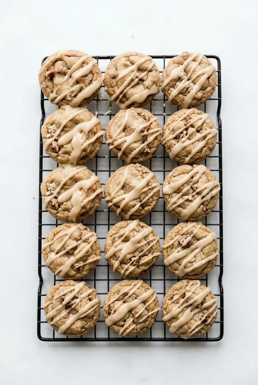 Wider view of pecan-studded maple brown sugar cookies with pale icing on a cooling rack