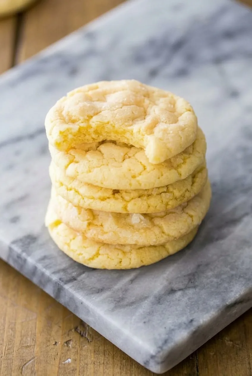 Wider view of a stack of pale lemon cookies on a gray stone slab