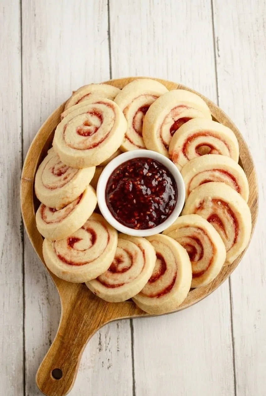 Full wooden board of lemon raspberry pinwheel cookies with a bowl of jam on a light tabletop