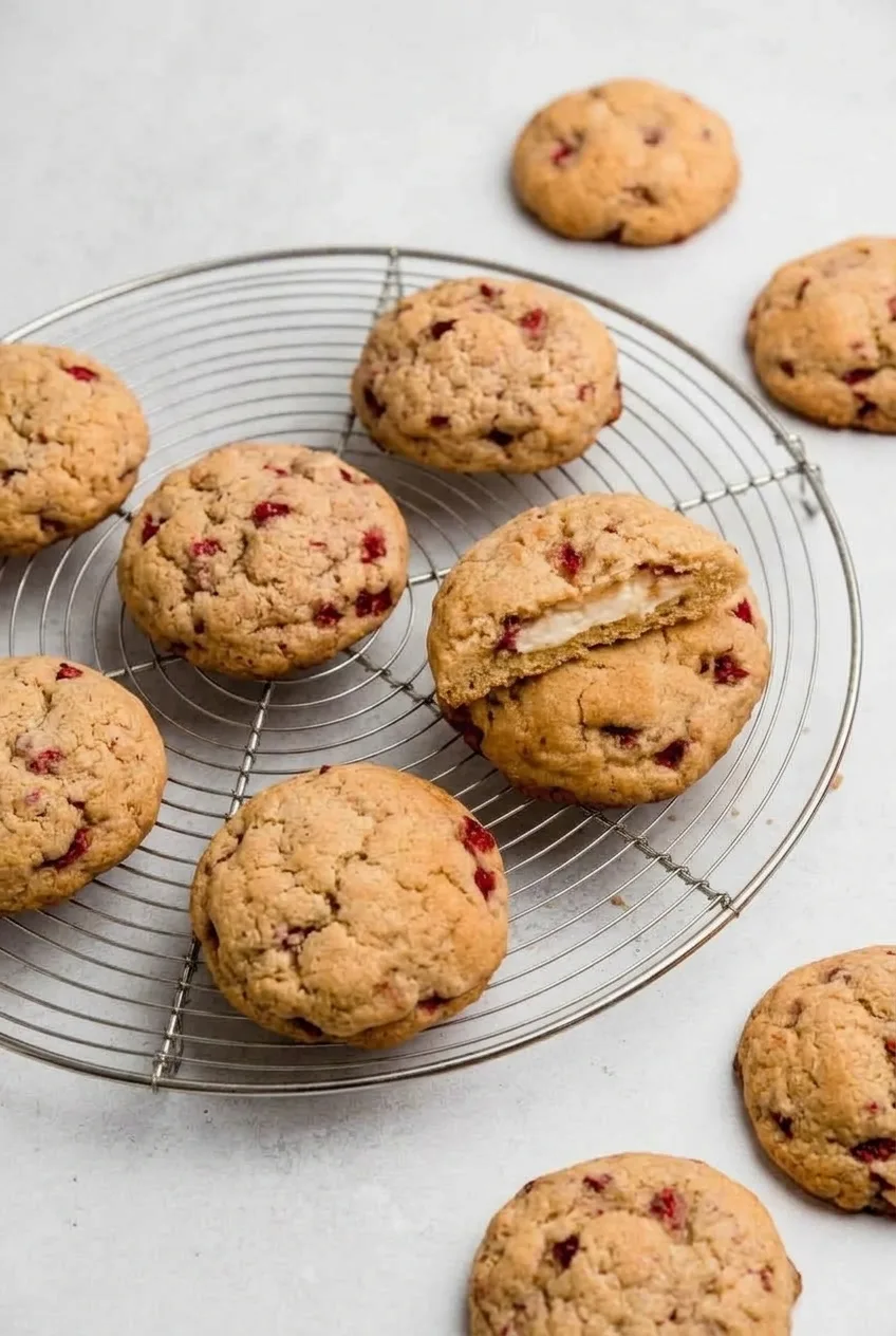 Several golden strawberry cheesecake cookies on a round cooling rack, with one broken cookie near the center