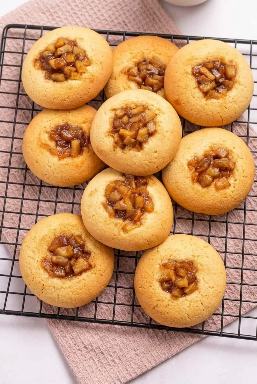 Several apple pie thumbprint cookies arranged on a cooling rack with the surrounding surface visible