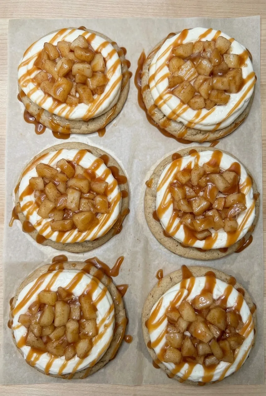 Wider view of six finished caramel apple cookies arranged on parchment