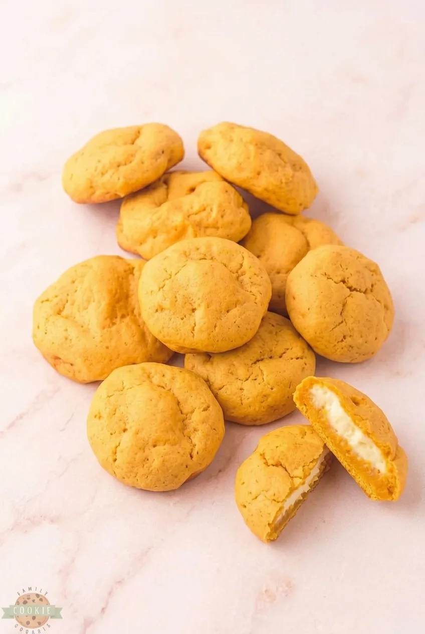 Wider view of rounded pumpkin cheesecake cookies, including one broken open to show the filling
