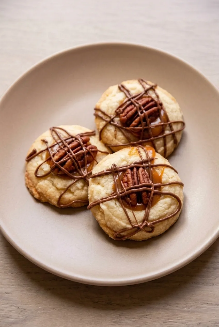 Full plate of three caramel-pecan turtle cookies on a neutral tabletop.