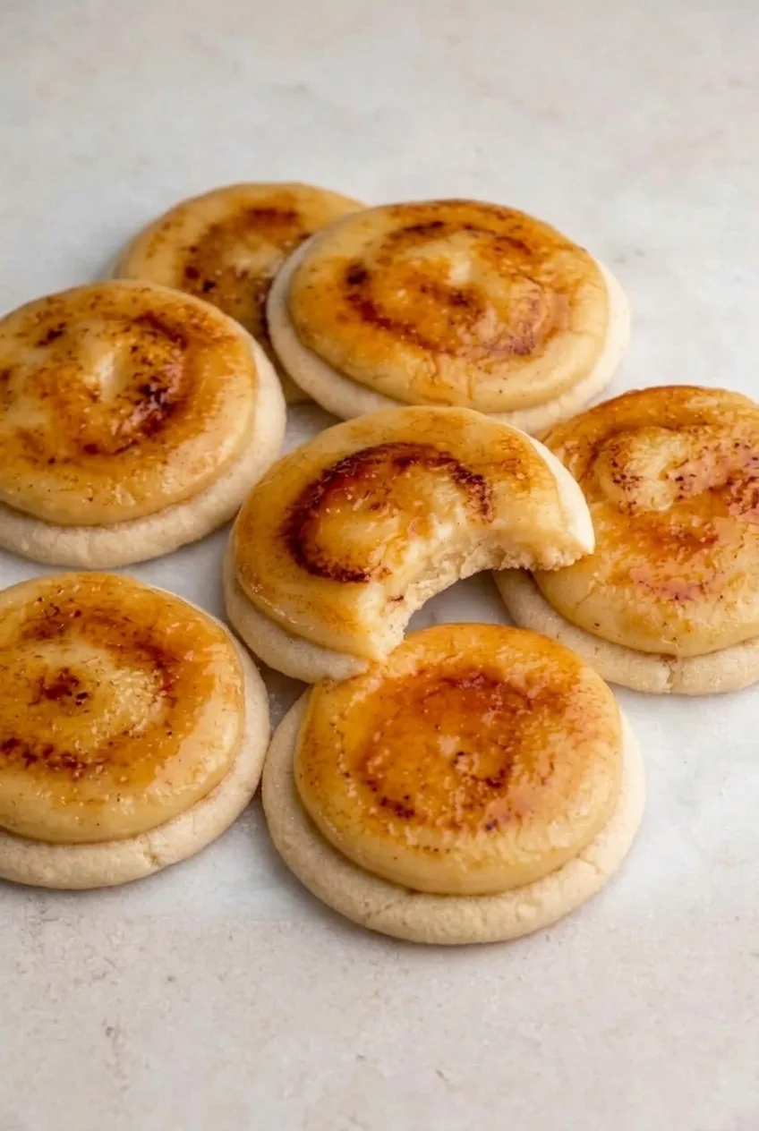 A cluster of finished crème brûlée cookies on a light stone surface, with their pale bases and torched tops visible