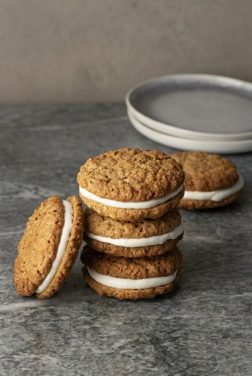 Wider tabletop view of stacked oatmeal cream pie cookies with one leaning beside them