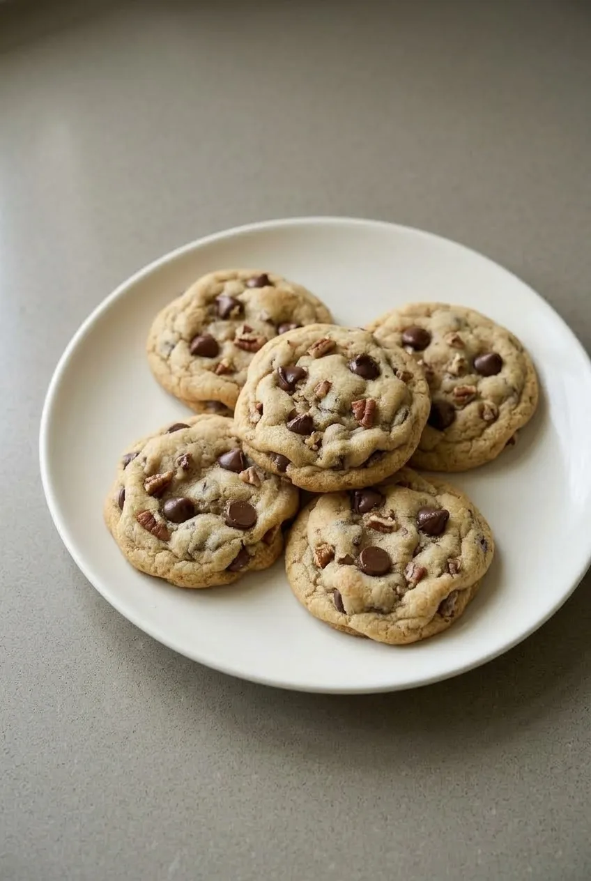 Full plate of pecan chocolate chip cookies on a neutral tabletop