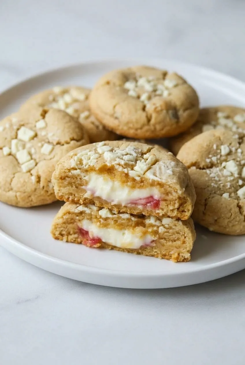 Several thick cheesecake cookies with stacked cut halves showing their strawberry and cream cheese centers