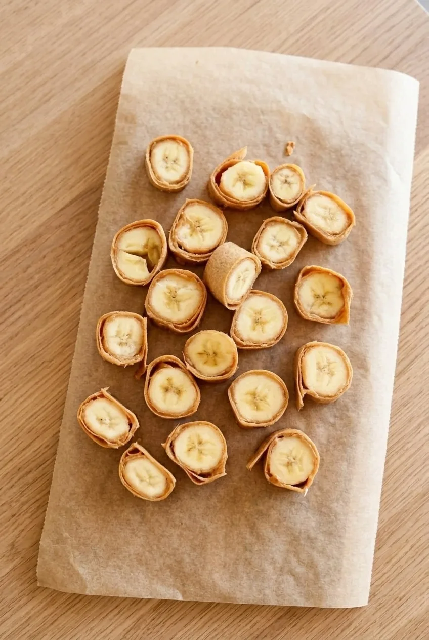 Wider view of the full serving of peanut butter banana pinwheels on parchment.