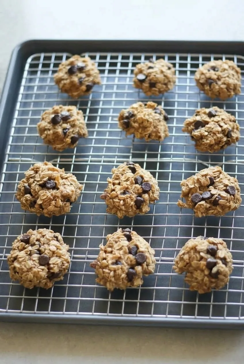 A full rack of chunky banana oatmeal cookies cooling over a dark baking sheet