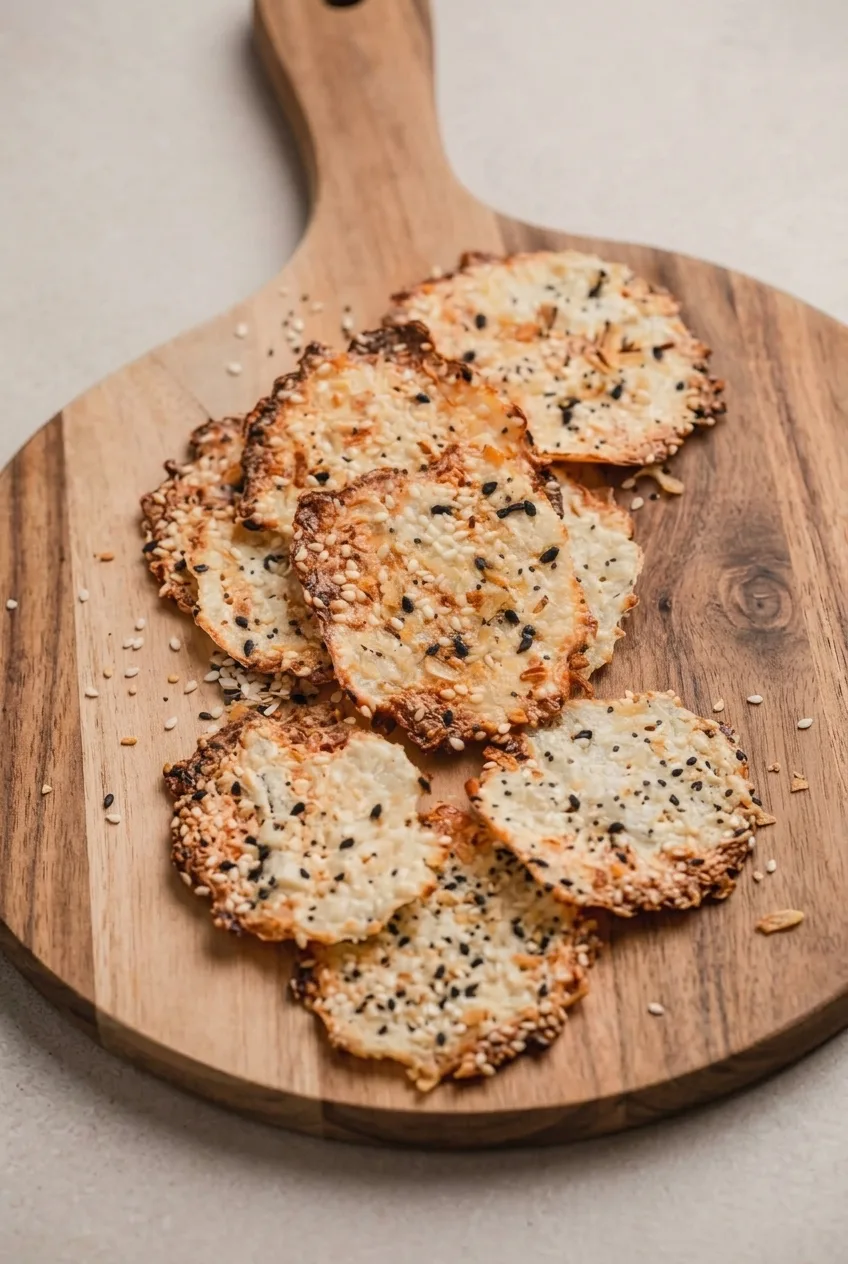 Full serving of irregular everything-seasoned cottage cheese chips on a wooden board