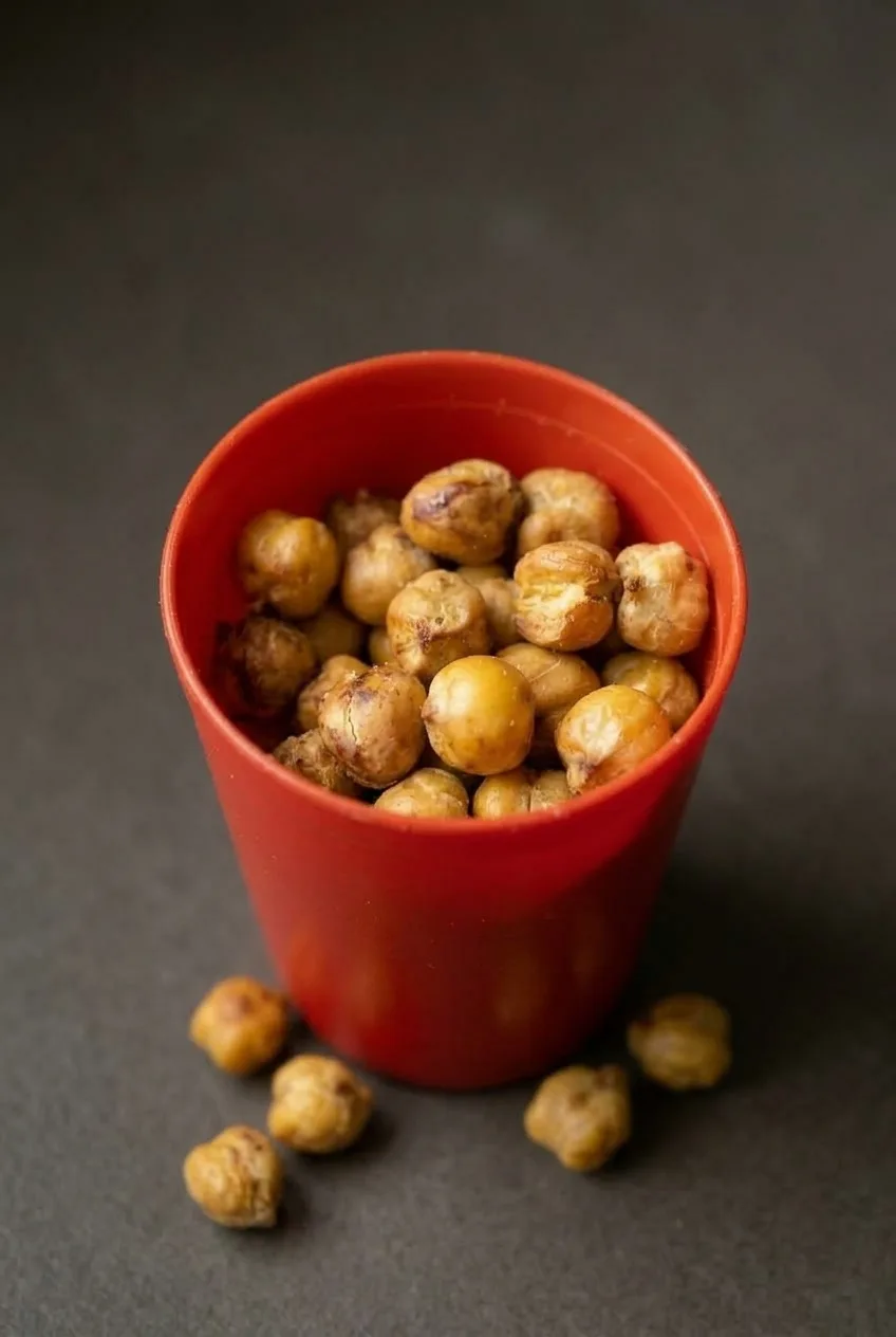 Small red cup of crunchy roasted chickpeas on a dark surface in a wider view