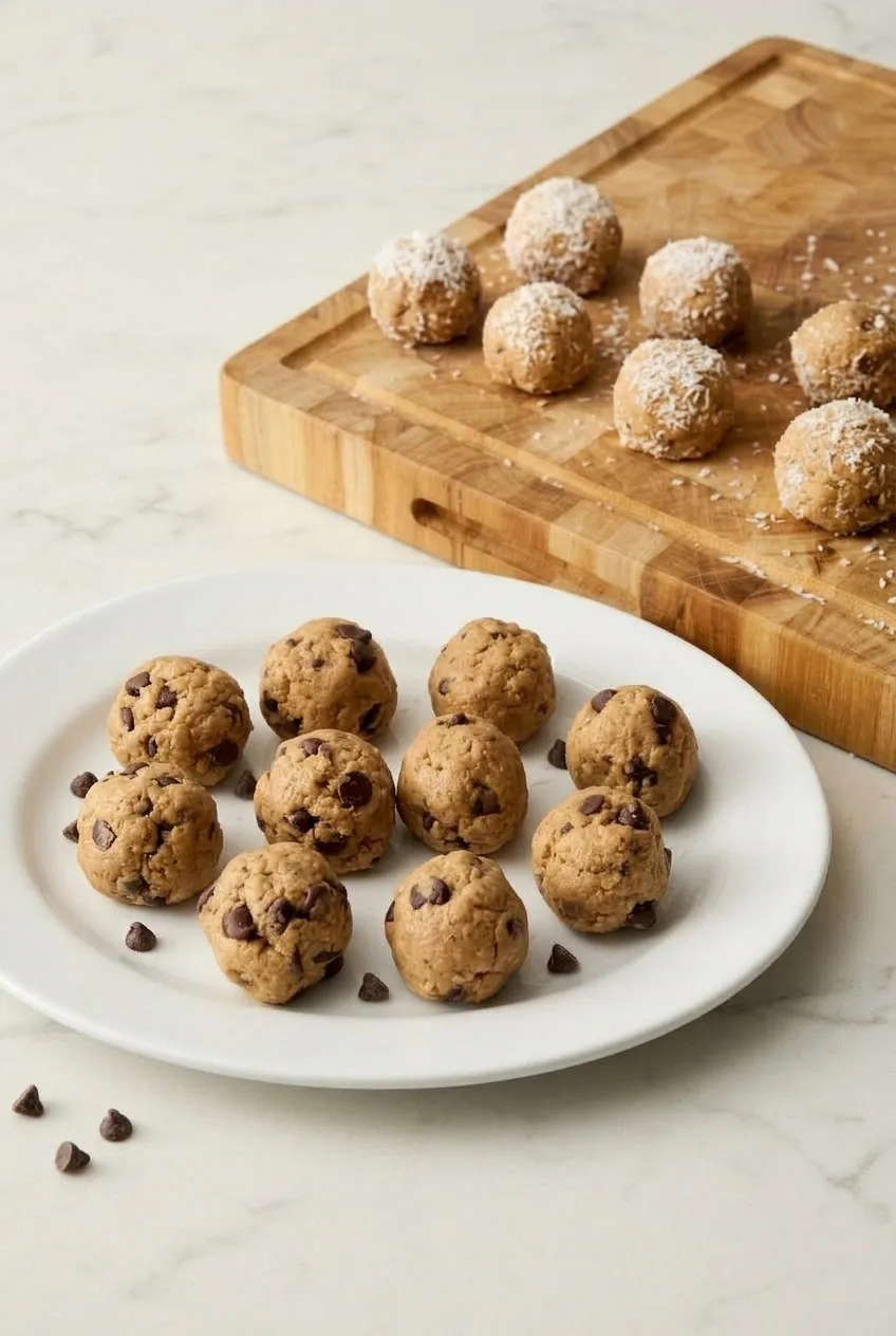 Wider tabletop view of chocolate-chip and coconut-coated no-bake protein bites served together