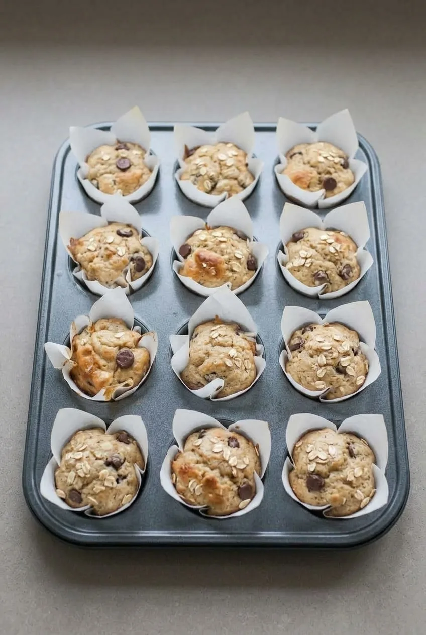 Wider view of a pan of golden chocolate chip muffins in white parchment tulip liners