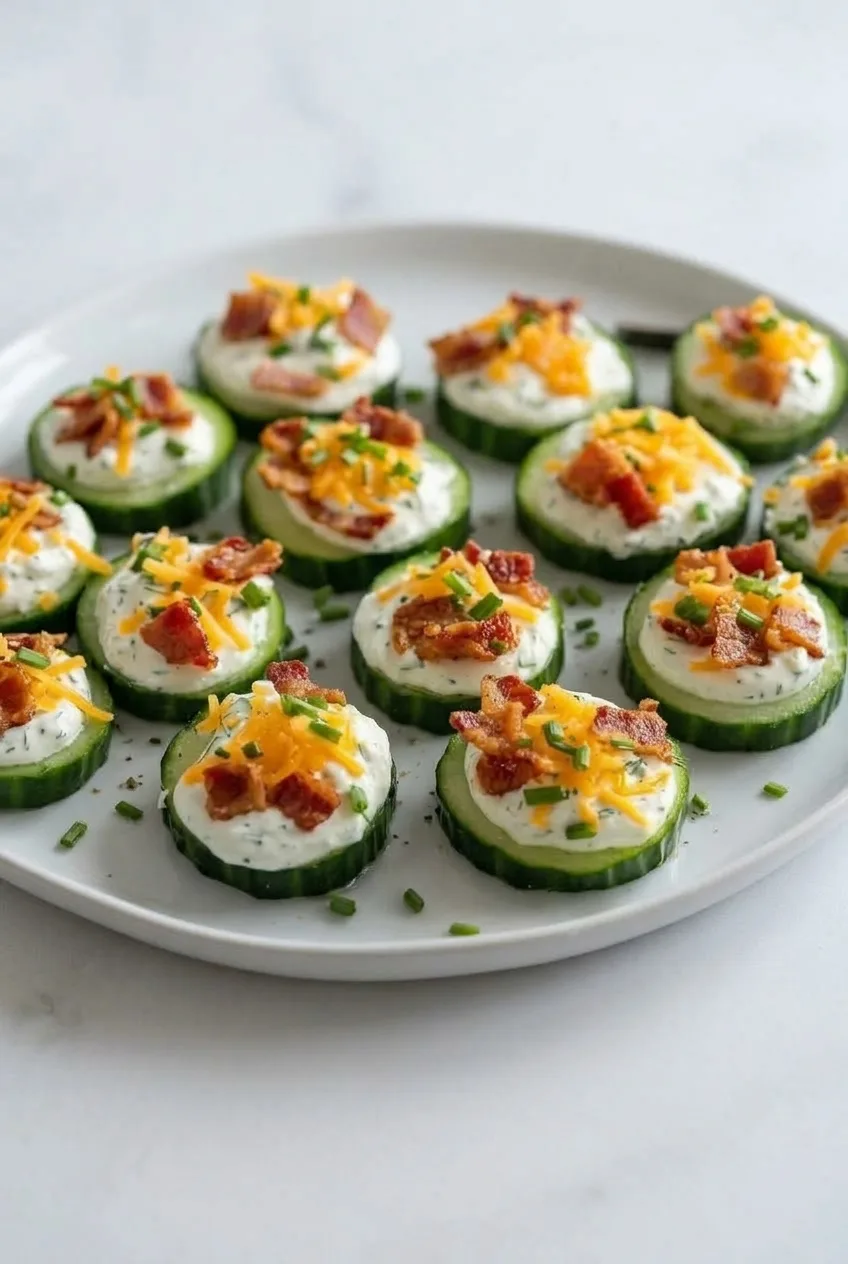 Full platter of cucumber ranch bites on a light surface, with cheddar, bacon and chives visible