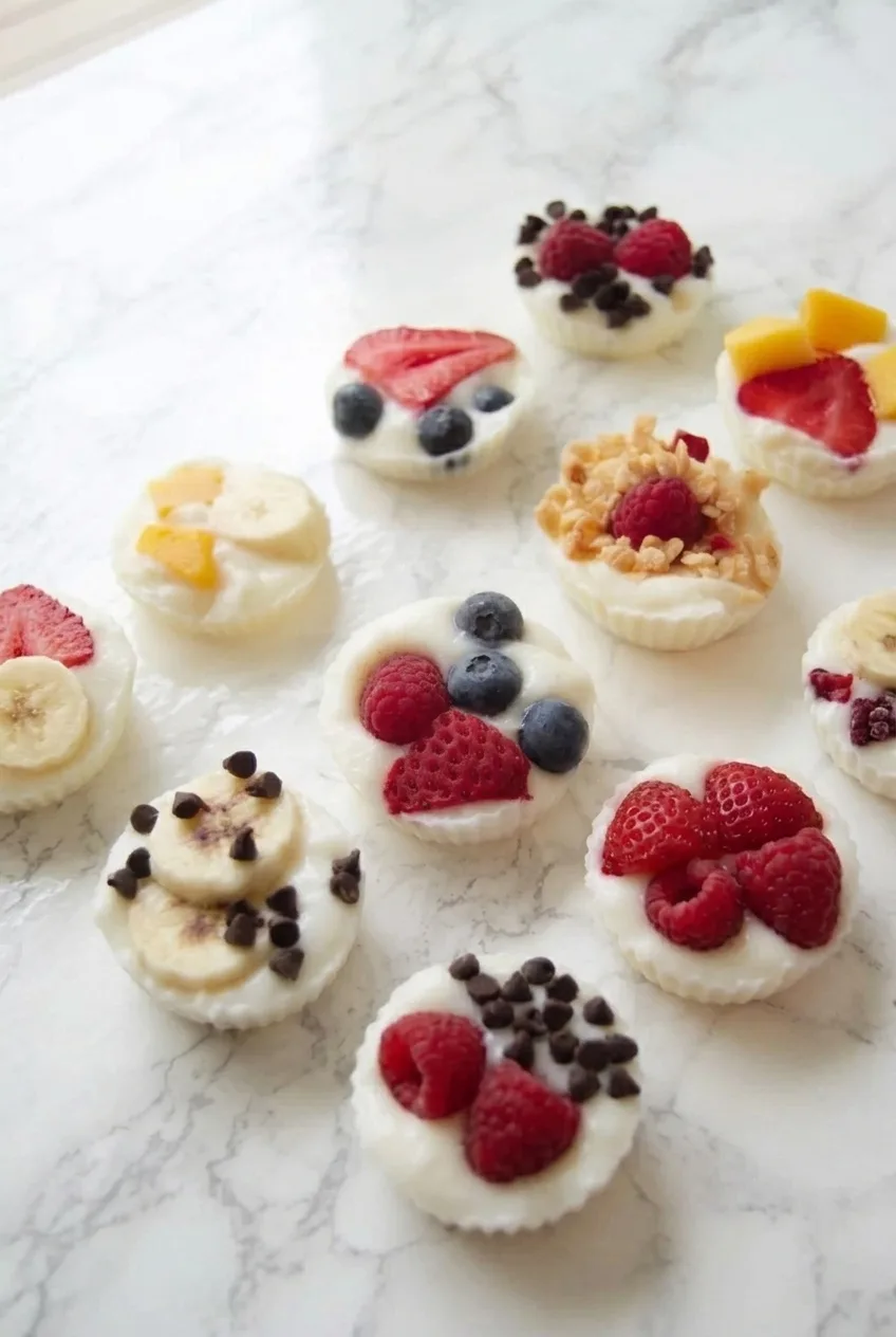 Wider view of assorted frozen yogurt fruit bites on a light surface