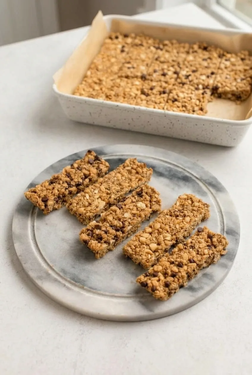 Gray plate of slim granola bars with more cut bars in a parchment-lined pan behind it