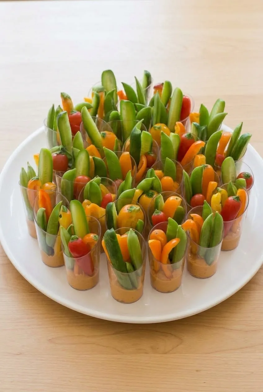 Full platter of clear hummus and veggie snack cups on a neutral table