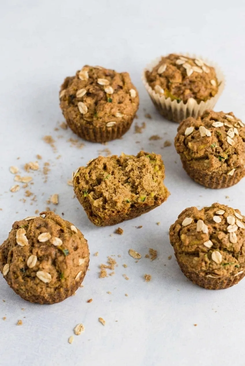 Wider view of oat-topped zucchini muffins on a pale surface, including one broken-open muffin