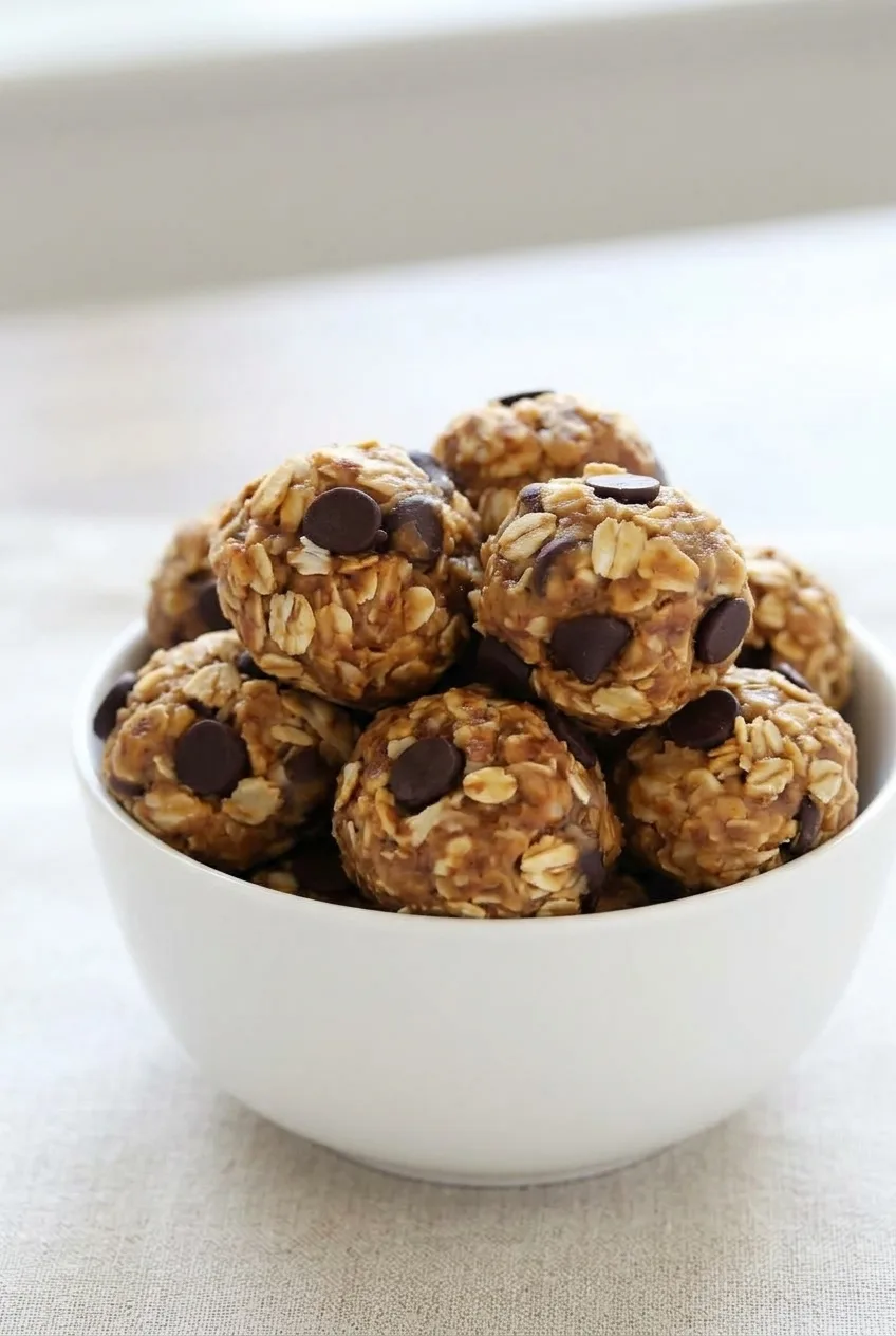 Full white bowl of peanut butter oat energy balls on a plain light surface