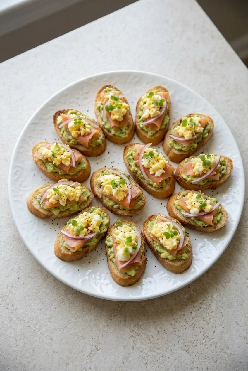 Full plate of avocado egg toast bites on a light tabletop