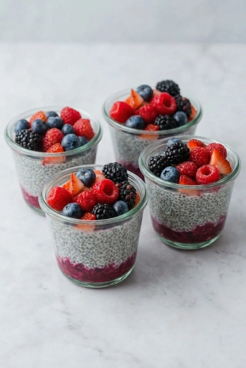 Four berry-layered chia pudding cups on a pale tabletop
