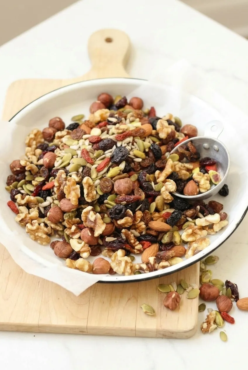 Full dish of healthy trail mix on a pale tabletop with a few pieces scattered nearby