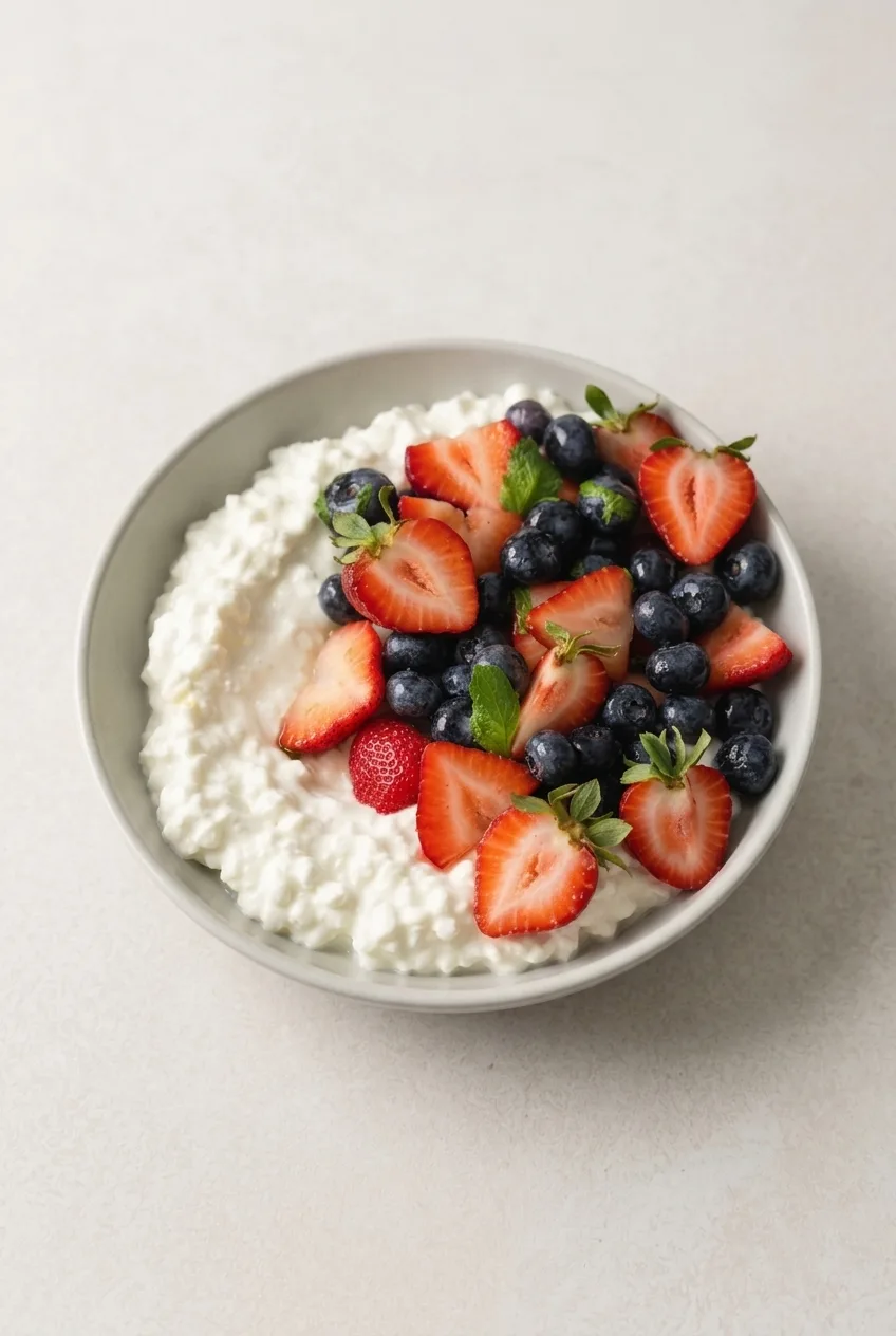 Complete cottage cheese and berry bowl on a pale tabletop, with fruit covering half the curds