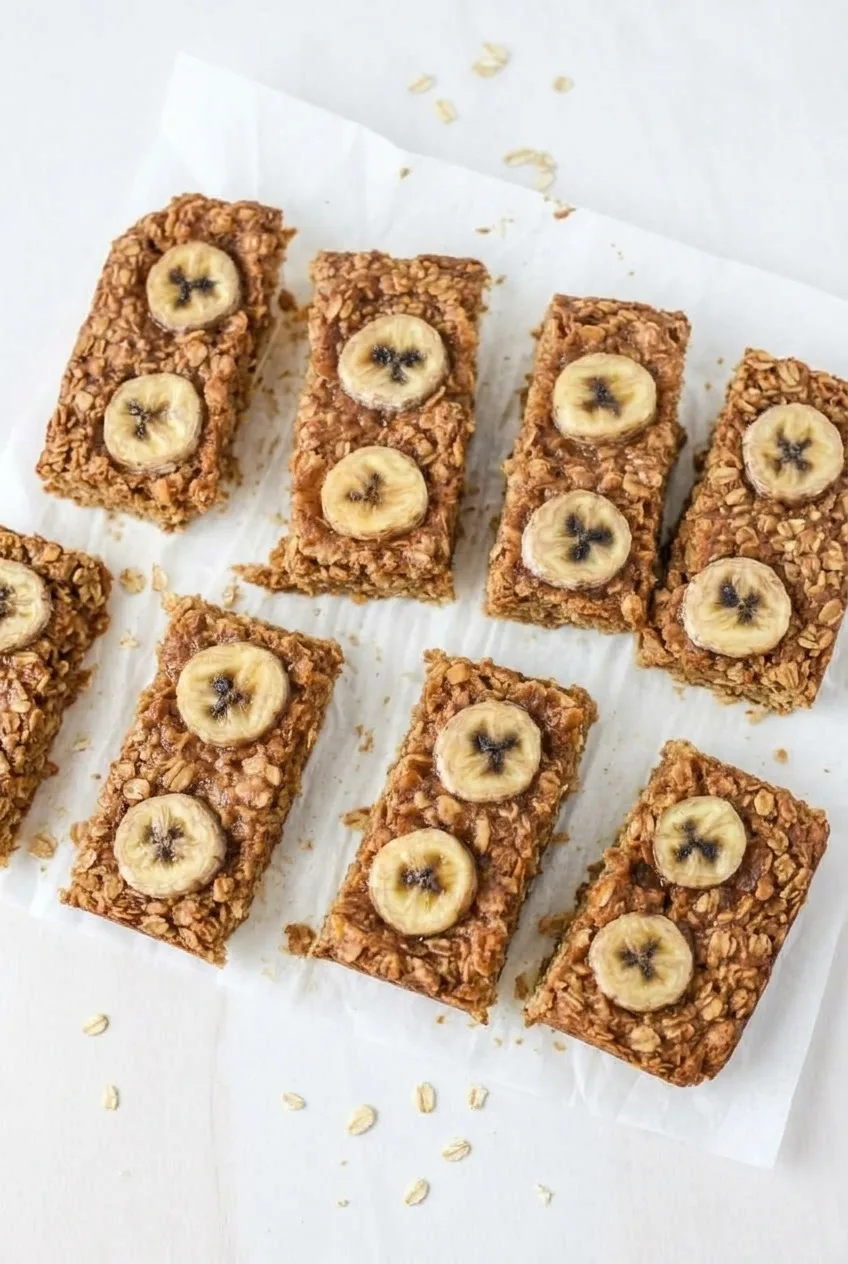 Wider view of banana peanut butter oat bars arranged on parchment, each topped with two banana rounds