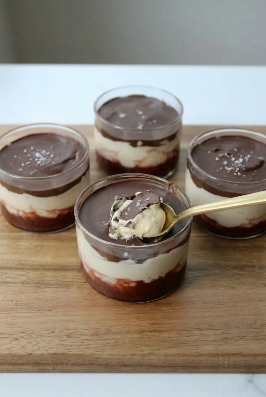 Four finished chocolate peanut butter yogurt cups on a wooden table, showing their three layers