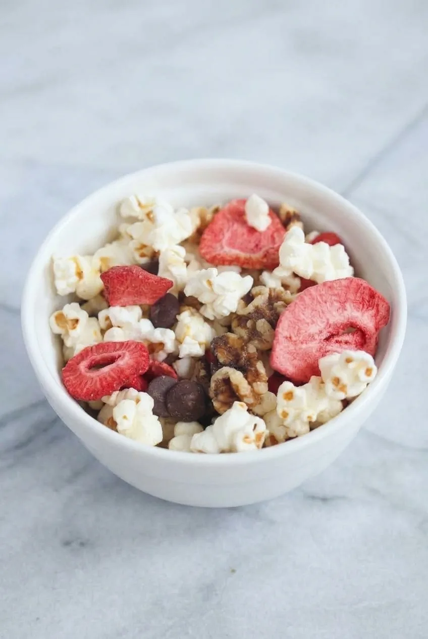 Full bowl of strawberry, walnut, and chocolate popcorn mix on a pale gray surface