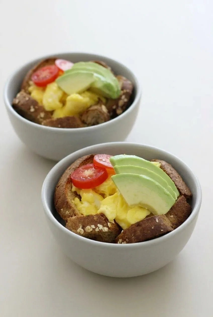 Two egg and avocado toast cups served in individual bowls on a light tabletop