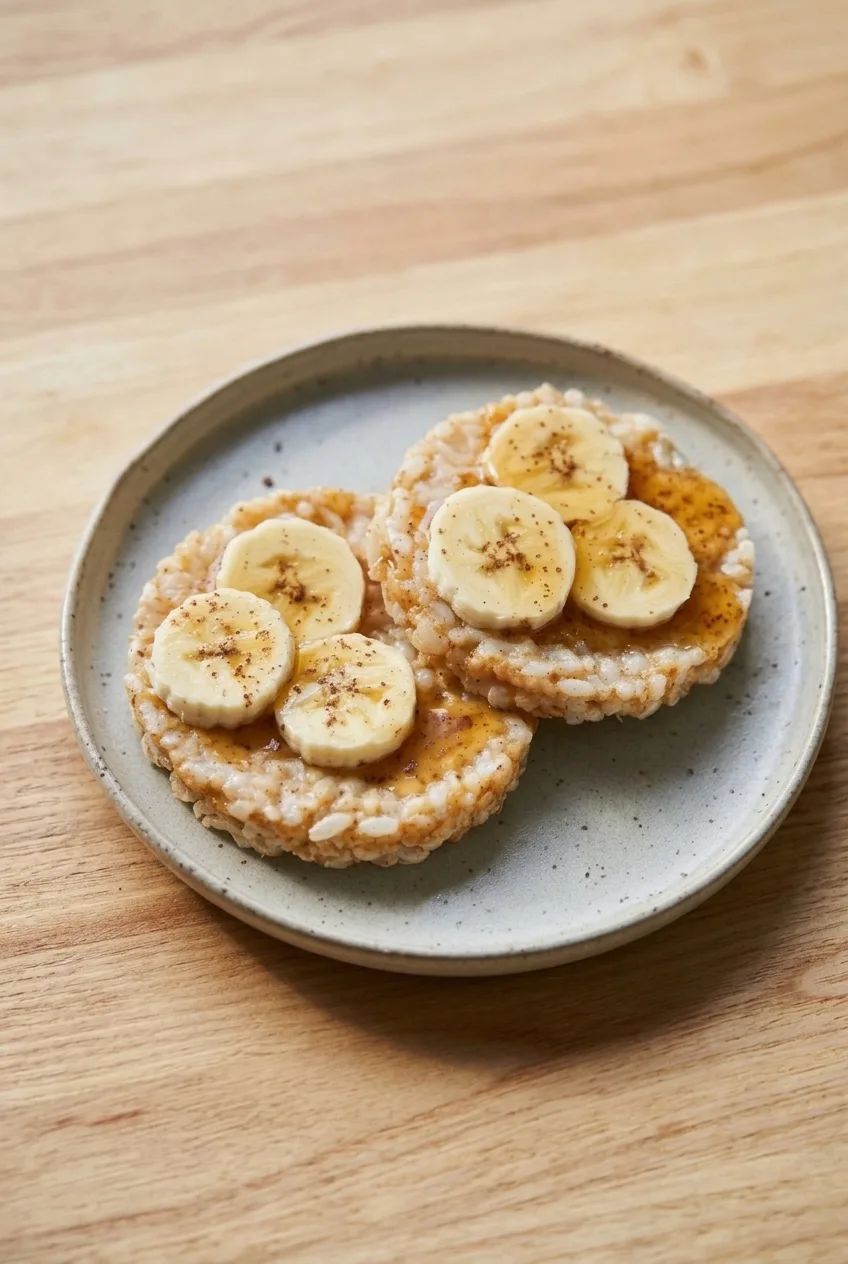 Two finished peanut butter and banana rice cakes on a plate with warm wood visible around it