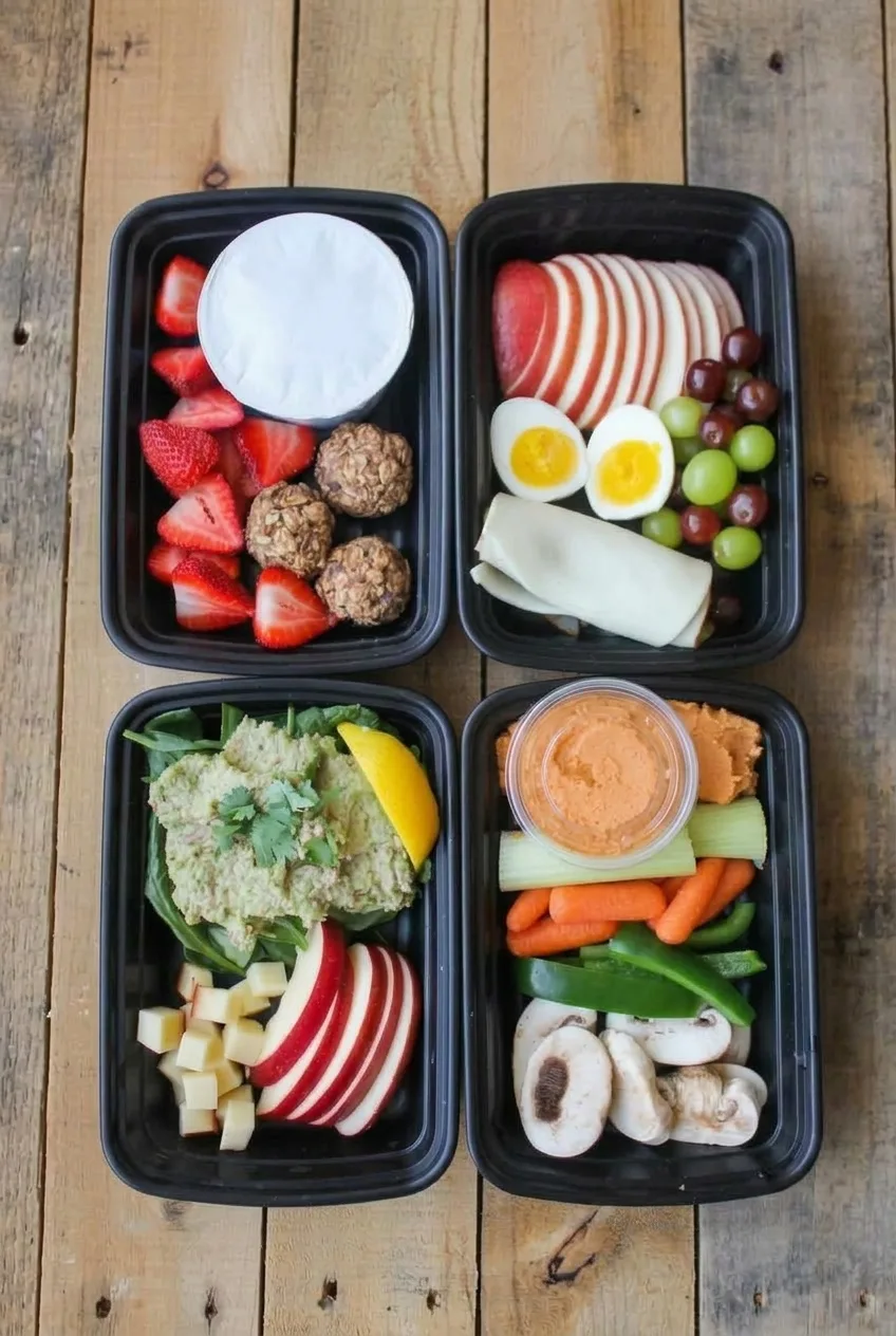 Four open snack boxes arranged on a wooden table, each holding a different fruit or savory assortment