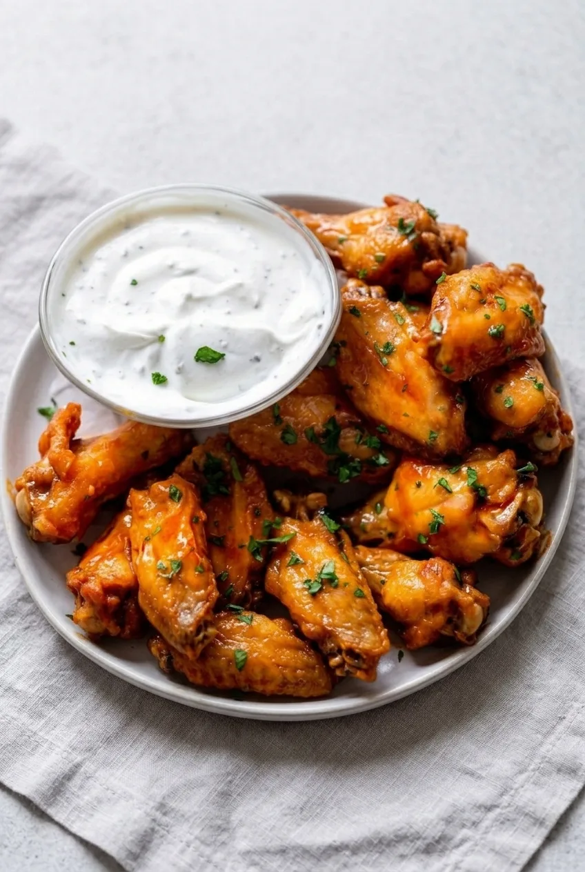 Full platter of Buffalo-coated baked chicken wings with parsley and ranch on a neutral tabletop