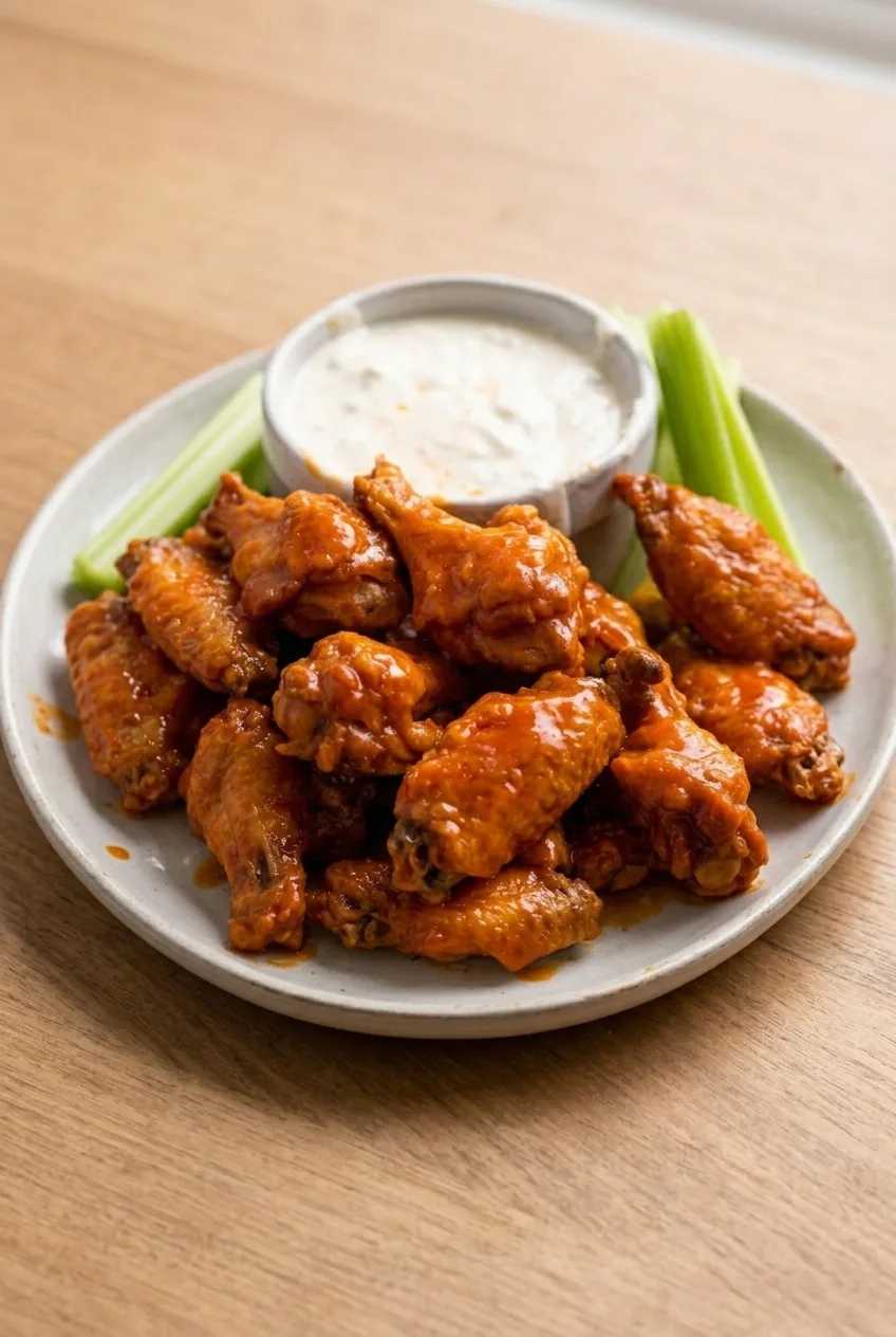 Full platter of sauced Buffalo chicken wings with celery sticks and a bowl of blue cheese dressing