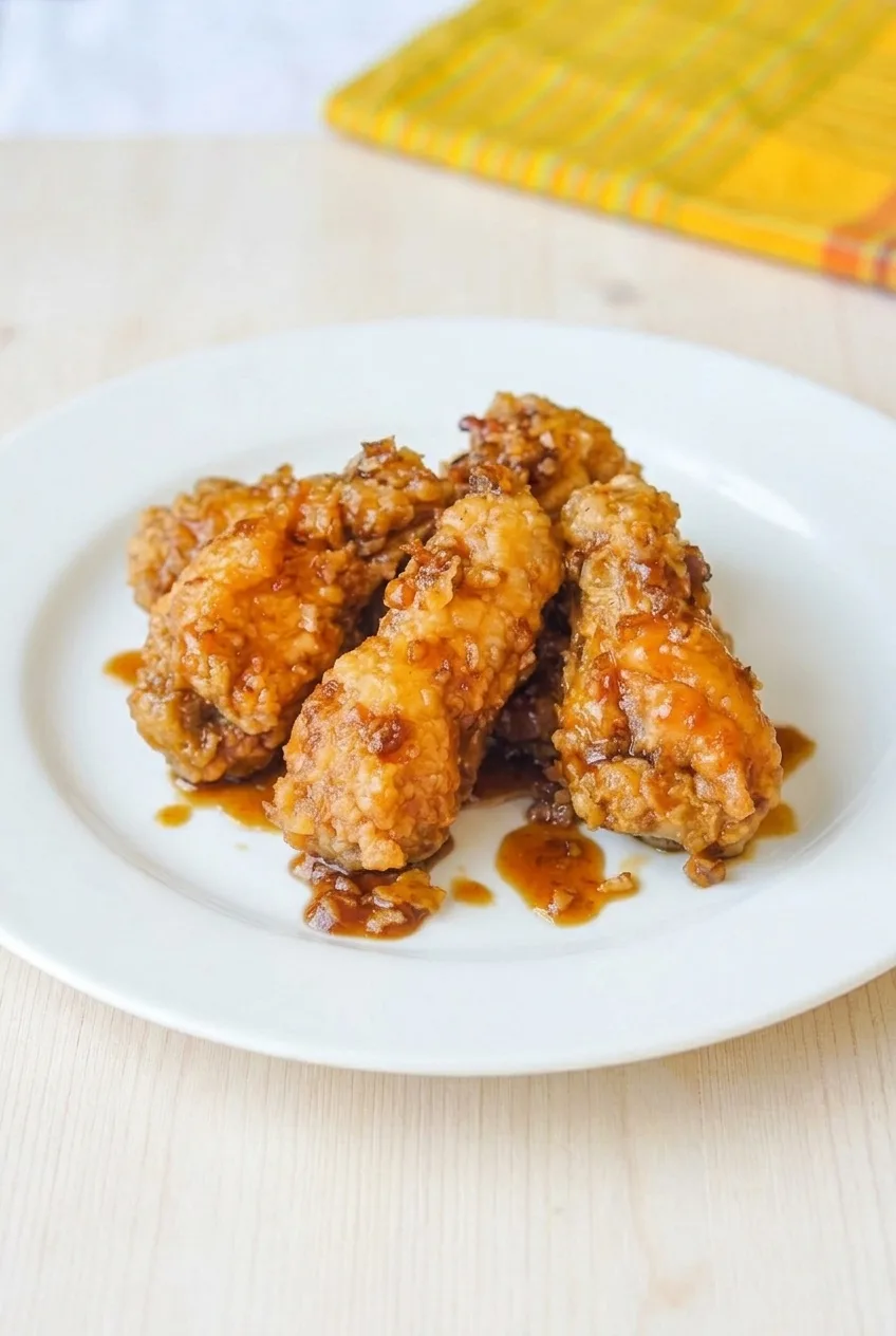Full white plate of honey garlic chicken wings on a pale surface, with a little amber glaze pooled beneath them.