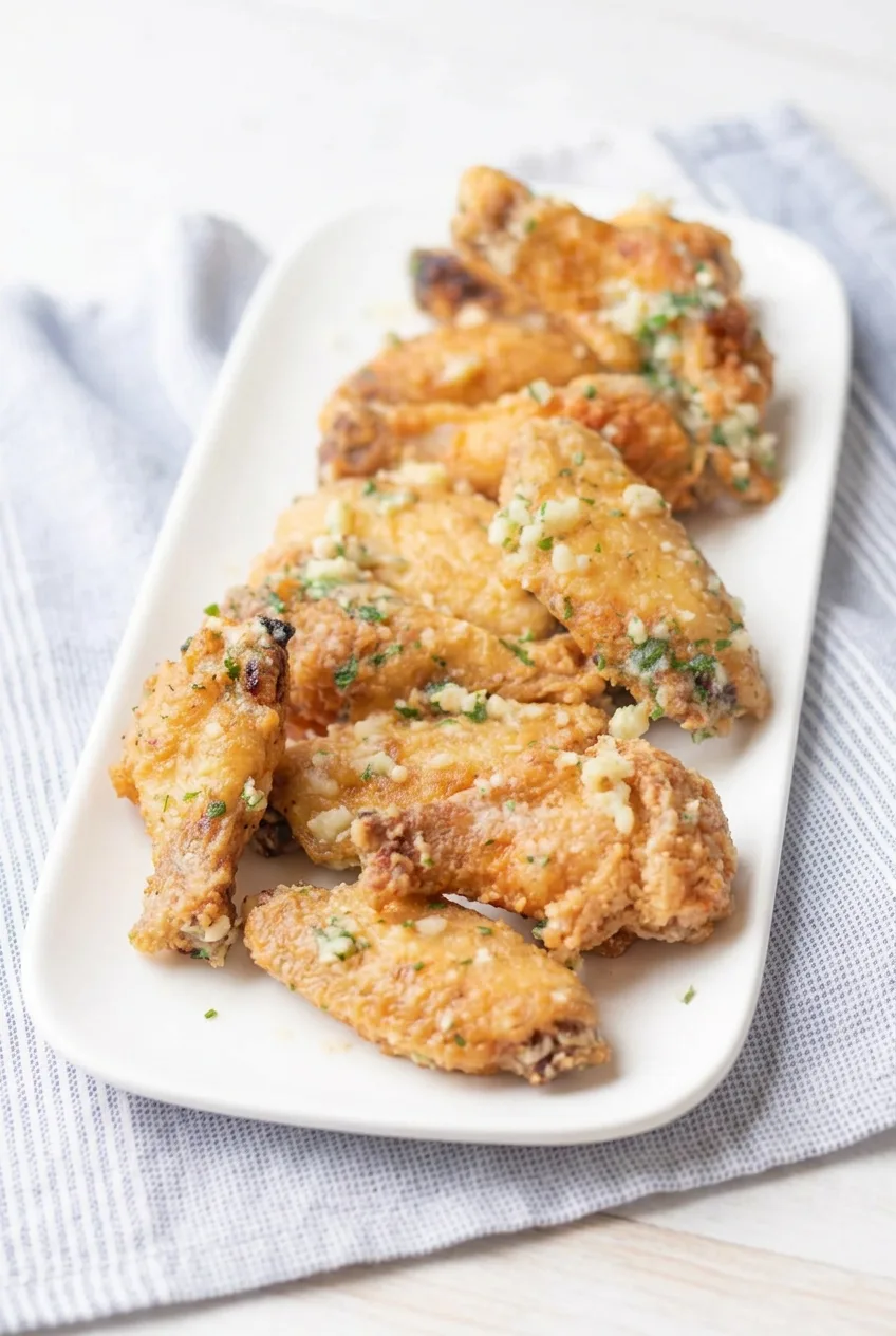 Full platter of garlic Parmesan chicken wings on a pale surface beside a blue-and-white cloth