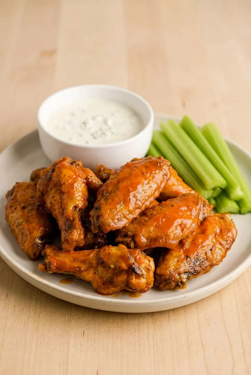 Full platter of sauced Buffalo chicken wings with celery sticks and a bowl of blue cheese dressing