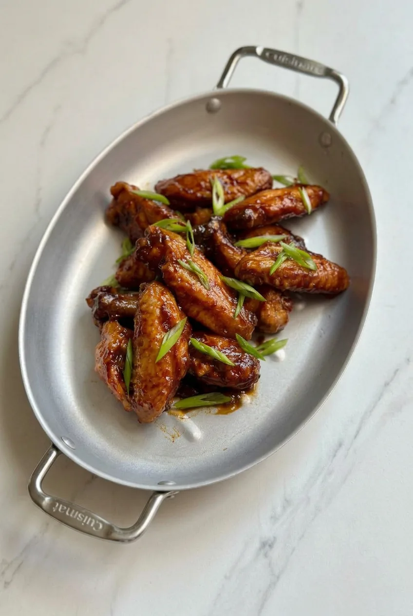 Full pan of glazed BBQ chicken wings with green onions on a pale countertop